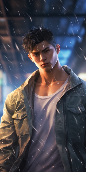 1boy, Chinese Male focus, jacket, chest muscles, solo, shirt, open jacket, open clothes, short hair, outdoor, look at the audience, pants, closed mouth, muscular, off shoulder, urban, muscular male, all of which have high definition picture quality. Super wide Angle and various details, sparkling, crystal clear.