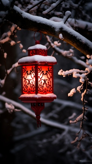 画面中，夜幕降临，天空中飘着纷纷扬扬的雪花，大地被白雪覆盖，一片寂静。在这寒冷的冬夜里，一盏红灯笼高高挂在树枝上，发出温暖的光芒，照亮了周围的雪地。灯笼的红色与雪地的白色形成鲜明的对比，给人以强烈的视觉冲击。在灯笼的下方，几枝梅花不畏严寒，傲然挺立，粉色的花瓣在红灯笼的映照下显得更加娇艳欲滴。整个画面给人一种温馨、宁静的感觉，让人感受到冬夜中的温暖和希望。