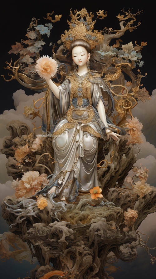 Goldeneast,illustration,chinese ink painting,myth,asian,a beautifully detailed statue of a woman,possibly representing a deity or a goddess,sitting in a meditative pose. She is adorned with intricate jewelry and accessories,and her attire is elaborate. The statue is illuminated,She holds a lotus flower in one hand,which is often symbolic of purity and enlightenment in various cultures.,backgroung is Chinese Dragon,alluring,enchanting,extremely beautiful,wearing a red Tang style dress,multiple colors,high de