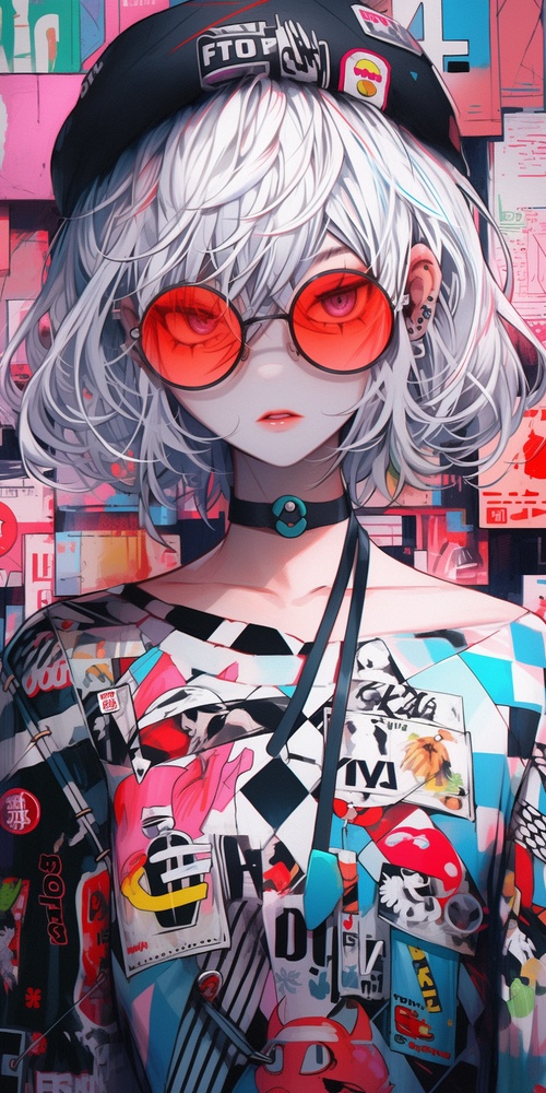 a girl,mixed patterns,text and emojiinstallations,Upper body,nostalgic charm,meticulous designar 3:4-niji5s750