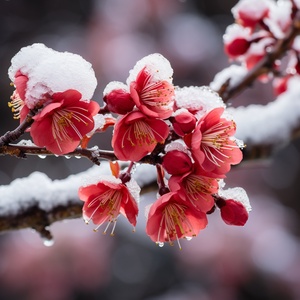 鲜红傲立的红梅，坚毅地破雪而出，宛如冬日中的一抹亮色。傲然挺立的花蕾饱满饱满，娇艳欲滴。梅枝上凝结着晶莹的露珠，它们在阳光的照耀下闪烁着迷人的光芒。微风吹拂，红梅舞动着，像是在述说着自身的坚韧和美丽。墙角数枝梅，凌寒独自开。遥知不是雪，为有暗香来