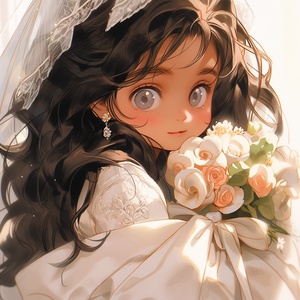 A cute and beautiful little girl with fair skin, big black eyes, and long curly hair. Her eyes look straight ahead, wearing a beautiful and pure white wedding dress, wearing a white headscarf, holding a rose in her hand, shining around her, sweet. Happiness is hazy, dreamy, and cinematic.