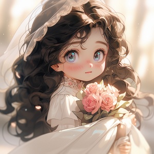 A cute and beautiful little girl with fair skin, big black eyes, and long curly hair. Her eyes look straight ahead, wearing a beautiful and pure white wedding dress, wearing a white headscarf, holding a rose in her hand, shining around her, sweet. Happiness is hazy, dreamy, and cinematic.