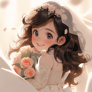 A cute and beautiful little girl with fair skin, big black eyes, and long curly hair. Her eyes look straight ahead, wearing a beautiful and pure white wedding dress, wearing a white headscarf, holding a rose in her hand, shining around her, sweet. Beautiful and romantic. Happiness is hazy, dreamy, and cinematic.