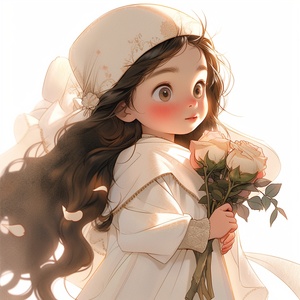 A cute and beautiful little girl with fair skin, big black eyes, and long curly hair. Her eyes look straight ahead, wearing a beautiful and pure white wedding dress, wearing a white headscarf, holding a rose in her hand, shining around her, sweet. Beautiful and romantic. Happiness is hazy, dreamy, and cinematic.