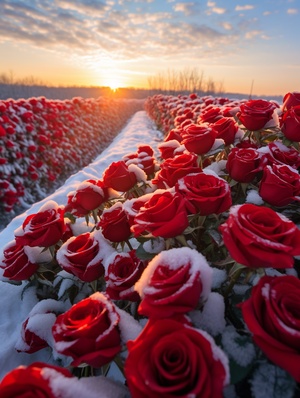 ,in the snow sea, many red roses covered with transparent snow red roses sparkling snow beach on two rows of neat snow red rose, sunset, rosy glow, sunset afterglow, new happiness, depth of field, ultra wide perspective, surrealism, ultra wide vision, ultra clear level of detail, high quality, high definition, new love rendering hd hd 2 v 4 ar 2:3