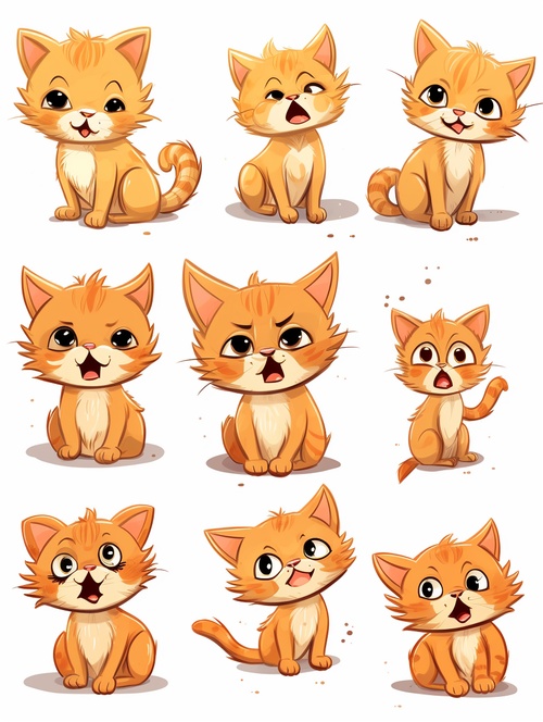 cute and orange cat,emoji pack,16 emoticons,emoji sheet,multiple poses and expressions,anthropomorphic style,Disney style,black strokes,different emotions,multiple poss and emotions,8k,style cute