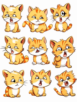 cute and orange cat,emoji pack,16 emoticons,emoji sheet,multiple poses and expressions,anthropomorphic style,Disney style,black strokes,different emotions,multiple poss and emotions,8k,style cute