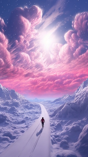 天空明亮，晴天，a pink highway goes in a snow storm, in the style of max rive, naomi okubo, natural phenomena, time-lapse photography, atey ghailan, natural scenery, lnd light indigo