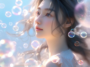 Super realistic 8K CG, masterpiece, best quality, (Super realistic 8K CG, masterpiece, best quality, (photorealistic: 1.4), HDR, absurdres, Professional, RAW photos, lens flares, (film grain: 1.1), bokeh, (depth of field), studio lighting, a Chinese woman standing in the air with many bubbles and looking at the camera, surreal 8k CG, masterpiece, best quality, (photorealistic: 1.4), HDR, absurdres, professional, RAW photos, lens flares, (film grain: 1.1), bokeh, (depth of field), studio lighting, a Chinese