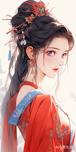Close-Up of Ancient Chinese Beauties in Red and Blue Dress