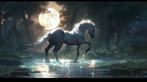 3D，皮克斯，masterpiece,best quality,highly detailed,game_cg,halo,horse，running,mononoke hime,single_horse，aqua_eyes,drill_hair,forest,full_moon,black horse