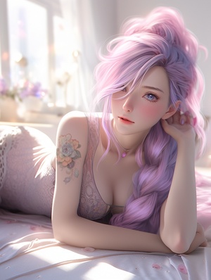 canon eos 5 d photo of gorgeous woman laying in bedroom, purple multi-pink hair, lace bottoms of captivating outfit. soft and beautiful thighs, transparency on materials, 8k, artgerm, high detail, ultra realistic 8k octane photo, anime, highres niji 5 ar 9:16