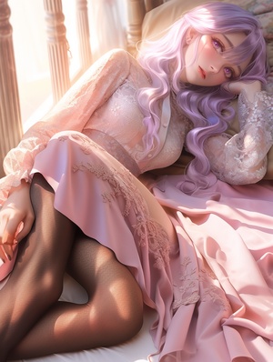 canon eos 5 d photo of gorgeous woman laying in bedroom, purple multi-pink hair, lace bottoms of captivating outfit. soft and beautiful thighs, transparency on materials, 8k, artgerm, high detail, ultra realistic 8k octane photo, anime, highres niji 5 ar 9:16