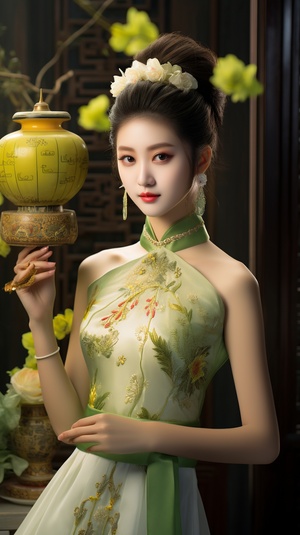 中国美少女，最佳画质，更高画质，高细节，超高分辨率，8K分辨率，大师作品，灯光，高光，穿着中式绣式旗袍的美少女，牛奶色皮肤，超白皮肤，淡绿色渐变，中式发髻，淡绿色渐变衣服，广角镜头，优雅站立，非常美丽和浪漫，柠檬黄和淡粉色光，