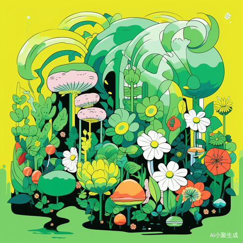 绿色花草梦幻插画：极简、扁平、色彩鲜明