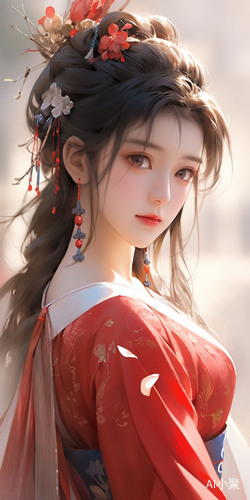 Close-Up of Ancient Chinese Beauties in Red and Blue Dress