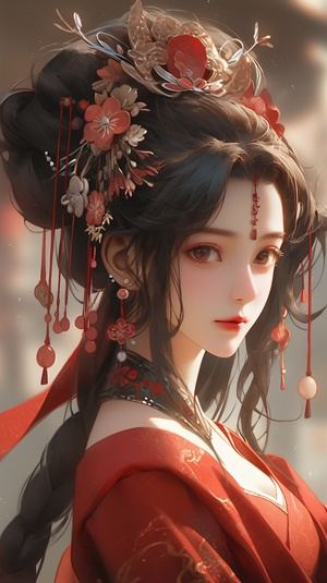 Close-Up of Ancient Chinese Beauties in Red and Blue Dress