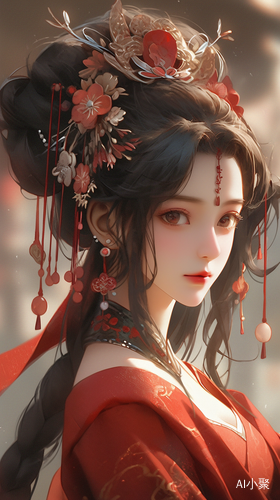 Close-Up of Ancient Chinese Beauties in Red and Blue Dress