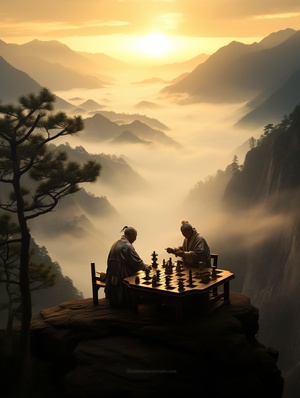 极美风景，两位老人再松树下下象棋，背景有山，唐代诗意，柔和色调，晨曦光影。浓雾缭绕，神秘氛围。震撼的视觉效果，惊艳世人的神秘美