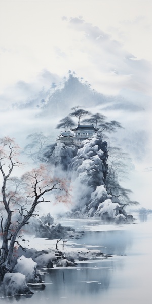 中国水墨画，冬天的森林，远处有大山，雾凇美景，大雪飘落，古亭在美景下显得格外宁静，小湖结冰