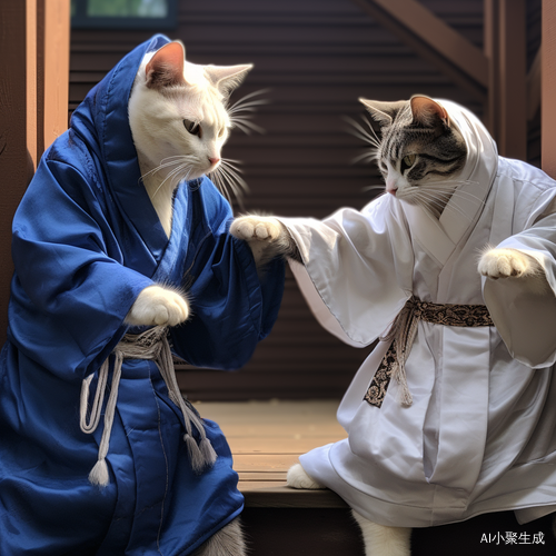 穿着僧袍的猫的滑稽动漫武术舞蹈