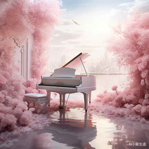 粉色水面上的唯美梦幻大师钢琴