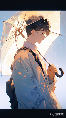 高个子男生穿休闲装撑雨伞，明亮远景背景光芒