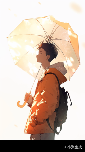 高个子男生穿休闲装撑雨伞，明亮远景背景光芒