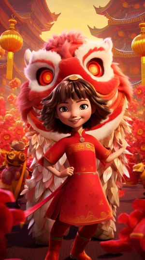 In the backdrop of China's red, a Chinese little girl dressed in a Pixar-style red festive outfit stands together with an animated anthropomorphized Chinese lion dance , both wearing big smiles, celebrating China's Spring Festival