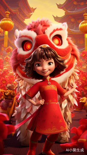 Chinese Little Girl and Animated Lion Dance Celebrating Spring Festival