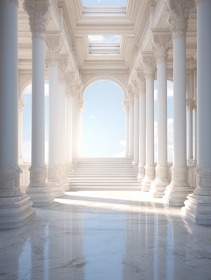 Sunlit Daz3D Hall with Arabesque Columns and Stairs