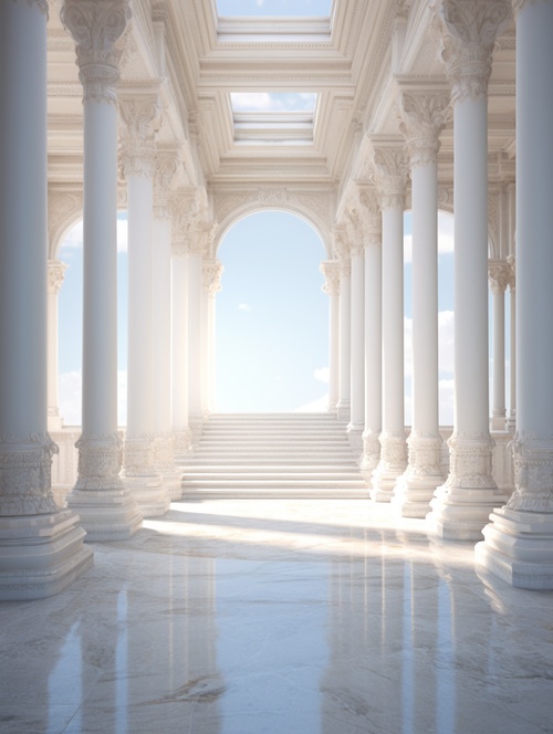 an empty hall with columns and stairs with the sun shining through the windows, in the style of daz3d, arabesque, subtle tonal variations, ocean academia, arcadian landscapes, white and gray, detailed miniatures ar 4:3