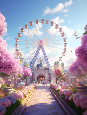 a large theme park, The conspicuous ferris wheel, dreamy style, Disney style, narrative paneling， light color palette, sweet atmosphere, high quality, 8K