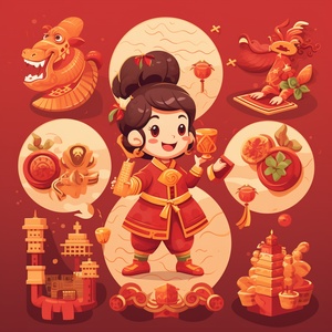 Nine-grid expression pack for New Year greetings, featuring a festive red and gold color scheme, a joyful milk dragon dressed in traditional attire, performing various New Year celebration actions like giving red envelopes, setting off fireworks, holding couplets, toasting, dragon dance, Family reunion dinner scene, warm lighting, vibrant celebratory atmosphere, whimsical style, ar 1:1.