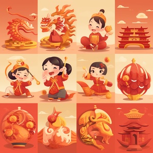 Nine-grid expression pack for New Year greetings, featuring a festive red and gold color scheme, a joyful milk dragon dressed in traditional attire, performing various New Year celebration actions like giving red envelopes, setting off fireworks, holding couplets, toasting, dragon dance, Family reunion dinner scene, warm lighting, vibrant celebratory atmosphere, whimsical style, ar 1:1.