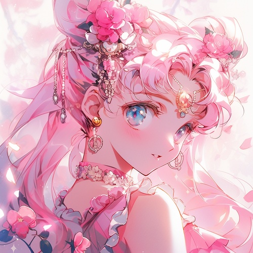 ，天女散花，Anime girl's pink hair and flowers in her hair, various sizes of pearl back chains, crystal diamonds, sparkling, crystal clear, a sense of fragmentation, glass fragments, sailor moon aesthetics, soft anime illustrations, sailor moon. Beautiful, beautiful animation art, beautiful animation art, beautiful animation art style, beautiful animation, beautiful aesthetic art, from Sailor Moon, Digital art on Pixiv, art style in Bowater, detailed digital animation art, animation aesthetics, animation fant