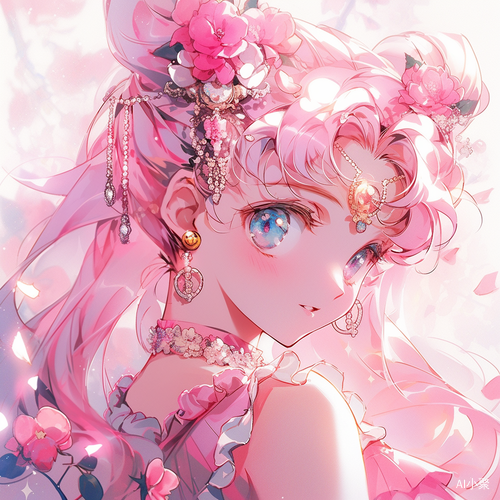 Anime Girl with Pink Hair and Flower Hair Accessories