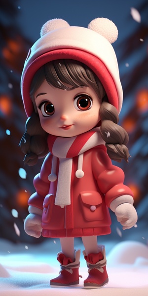 in a winter season, a cute babygirl, wearing a cute red velvet cap, wearing a red coat, full body, standing, bright big eyes, sweet smiling face, christmas scene, fluffy snow, Pixar style, soft movie lighting, 8K, octane rendering ar 3:4 niji 5