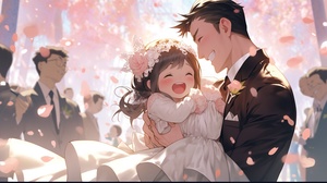 A cute little girl and a little boy, with fair skin, big black eyes, a smile on their faces, dressed in a handsome white shirt, tied in a bow tie, held their wedding, surrounded by light, sweet. Happiness is hazy, dreamy, and cinematic.