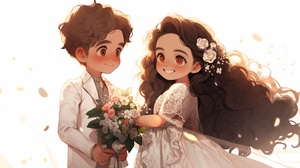 A cute and beautiful little girl and a cute and handsome little boy, with fair skin, big black eyes, and long curly hair. Her eyes were straight ahead, wearing a beautiful pure white wedding dress and a white headscarf. She held a rose in her hand, sparkling and sweet around her. Beautiful and romantic. Happiness is hazy, dreamy, and cinematic.