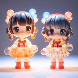 two images side by side,Pop Mart's super cutegirl IP,various expressions and movements,exaggerated movements,happiness,surprise,anger,fear,and other emotions.eating,playing,sleeping,and other poses,Bauhaus,colorful,plastic transparent,soft lighting,glowing body,Physical model,blind box toy,fine gloss,bestquality,4K,3D rendering,OC rendering,superdetox,crazy details,-ar 3:2 seed 967985868niji 5 style expressive