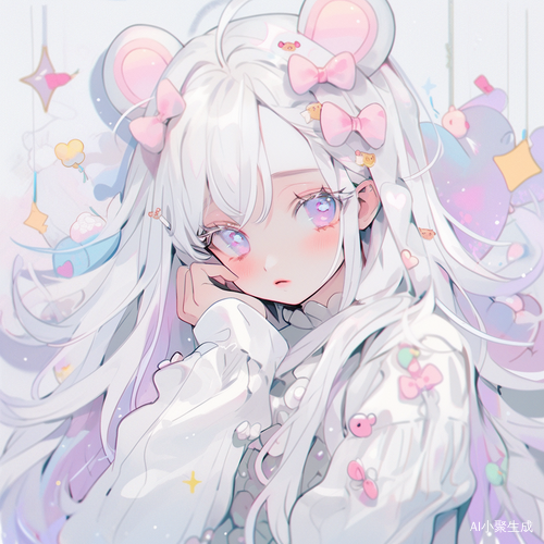 Whimsical Figure with White Outfit, Pink Ears, and Shiny Eyes