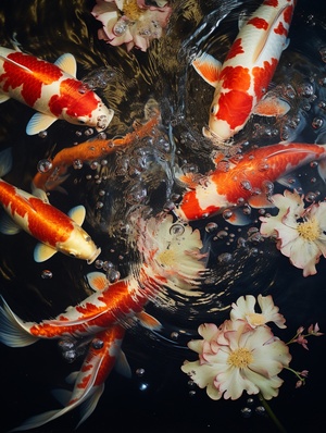 Six koi swim in the water, There are small stones under the water, Fuzzy detail style, Red and gold, 32K UHD, Transparenttranslucent media, I can't believe how beautiful it is., Natural inspiration works, A beautiful composition, beautiful niji 5 ar 1:1 s 400