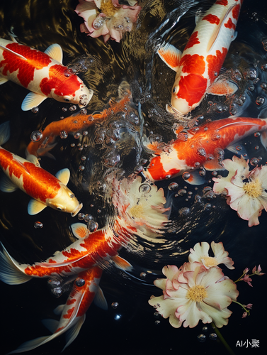 Beautiful Composition of Six Koi in Fuzzy Detail Style