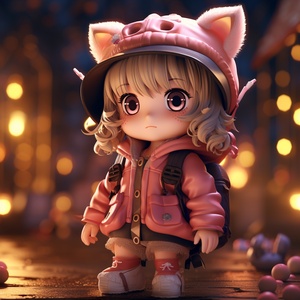 Blind Box Style: Cute Little Girl with Cat Ears Hat and Furry Clothes