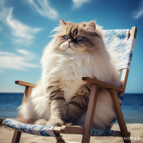 Chubby Long Hair Ragdoll Cat Relaxing on Beach Chair