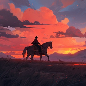 Sunset and dusk，A light seemed to open on the horizon, and the young man galloped his horse, free and unrestrained.