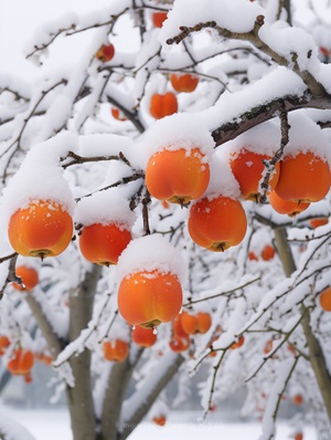 江南小镇的柿子树下白雪纷飞的摄影