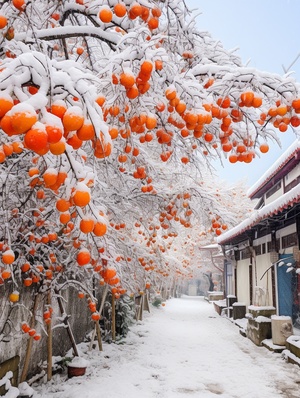 江南小镇的柿子树下白雪纷飞的摄影